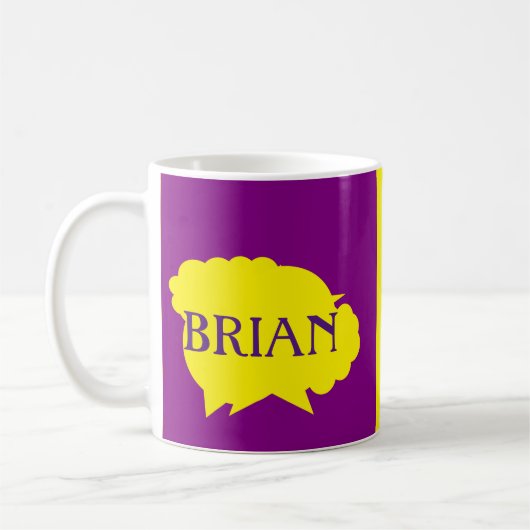 Brianの名前の紫と黄色のスプラッシュデザイン コーヒーマグカップ (左)