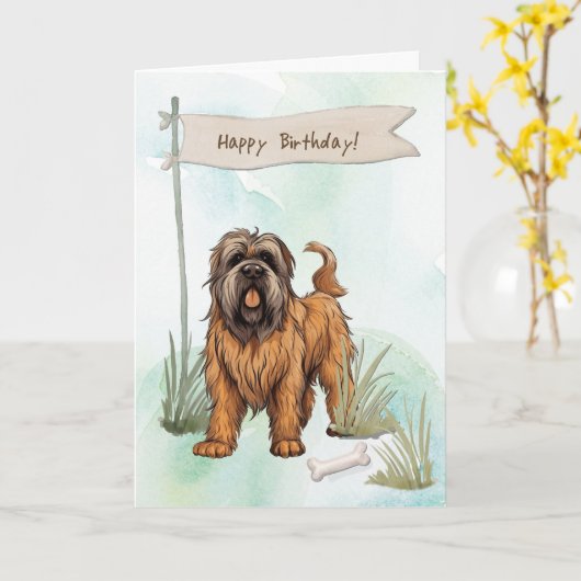 Briard Breed Dog Outside Under Birthday Sign カード (黄色い花)