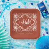 Brick Red Shabby Chic 40 Anniversary Plate ペーパープレート (パーティー)