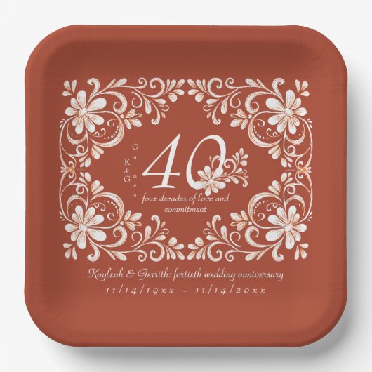 Brick Red Shabby Chic 40 Anniversary Plate ペーパープレート (正面)