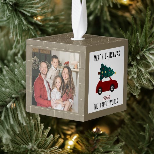 Brick Wall Christmas Tree Family 3 Photo Modern キューブオーナメント (ツリー)