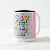 Brick with Colorful Text Saying “ Happy Vibe Only” ツートーンマグカップ (正面右)