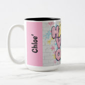 Brick with Colorful Text Saying “ Happy Vibe Only” ツートーンマグカップ (左)