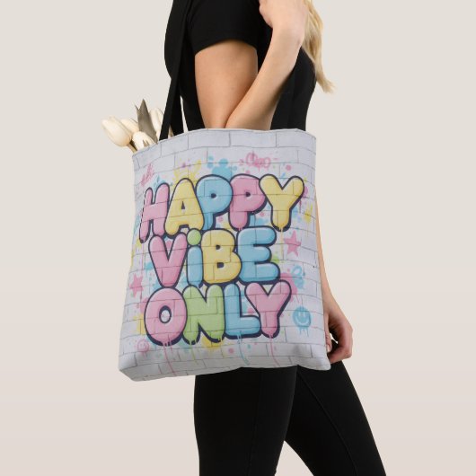 Brick with Colorful Text Saying “ Happy Vibe Only” トートバッグ (クローズアップ)
