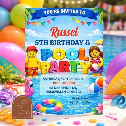 Bricks Colorful Pool Birthday Party Invitation 招待状