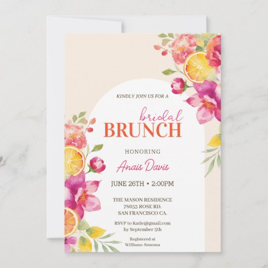 Bridal brunch Floral Citrus Bridal shower  招待状 (正面)