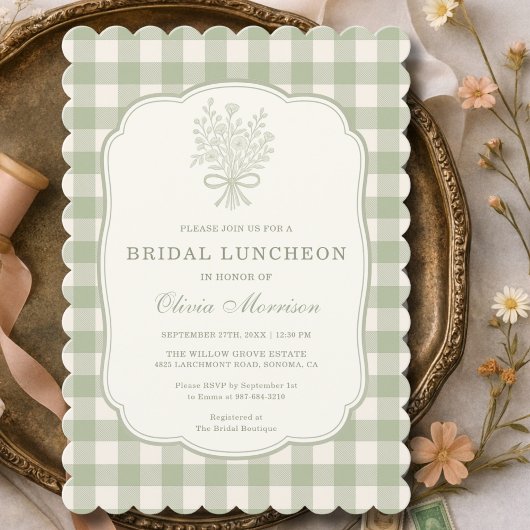  Bridal Luncheon Gingham Sage Green Floral Bow 招待状