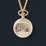 Bridal necklace watch-gold 腕時計<br><div class="desc">Timeless elegance meets romantic charm with this Happily Ever After gold necklace watch. Featuring delicate champagne glasses tied with satin bows and framed by soft roses, this piece is both a graceful accessory and a meaningful keepsake. Perfect for brides, bridesmaids, or as a heartfelt gift, it adds a classic touch...</div>