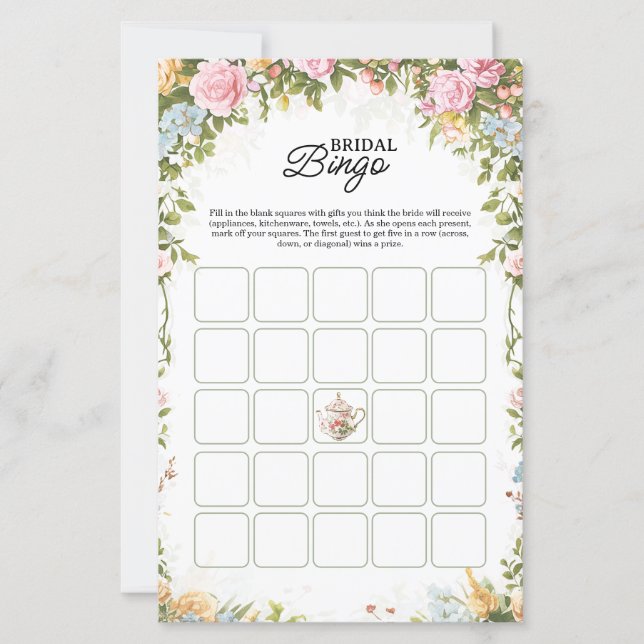 Bridal Shower Bingo Game Card Garden Party Theme (正面)