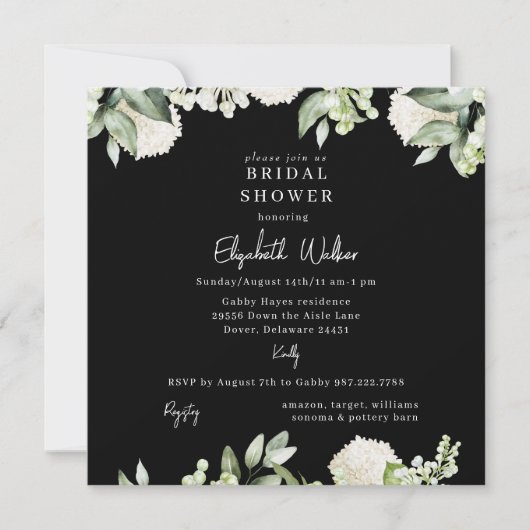 Bridal Shower Black White Hydrangea Square 招待状 (正面)
