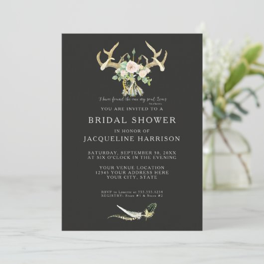 Bridal Shower BOHO Feathers Deer Antler Roses Art 招待状 (スタンド正面)