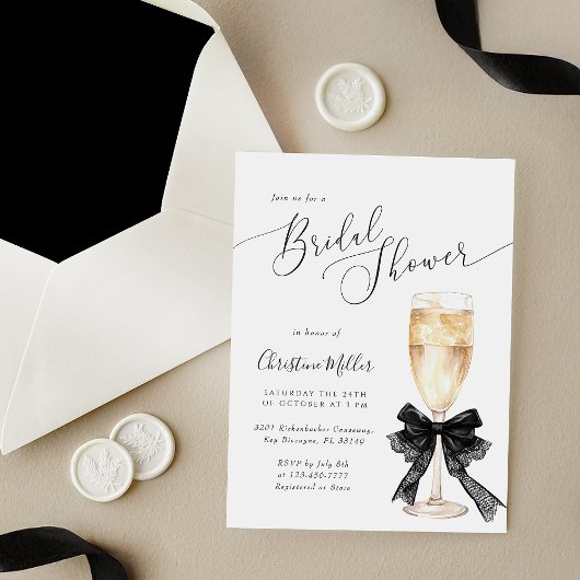 Bridal Shower Champagne Invitation with Black Bow 招待状