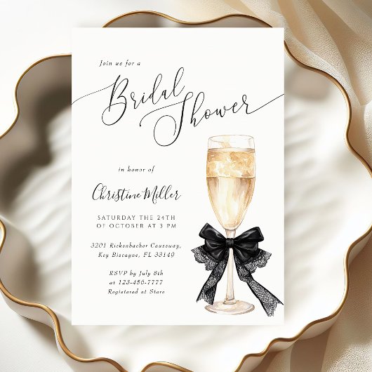 Bridal Shower Champagne Invitation with Black Bow  招待状