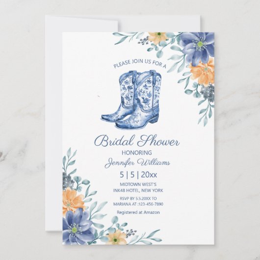 bridal shower cowgirl boots flowers western 招待状 (正面)