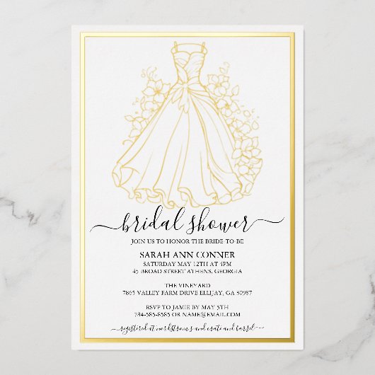 Bridal Shower dress and flowers 箔招待状 (正面)