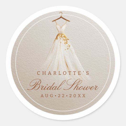 Bridal Shower Dress Favor Sticker in Taupe & Gold ラウンドシール (正面)