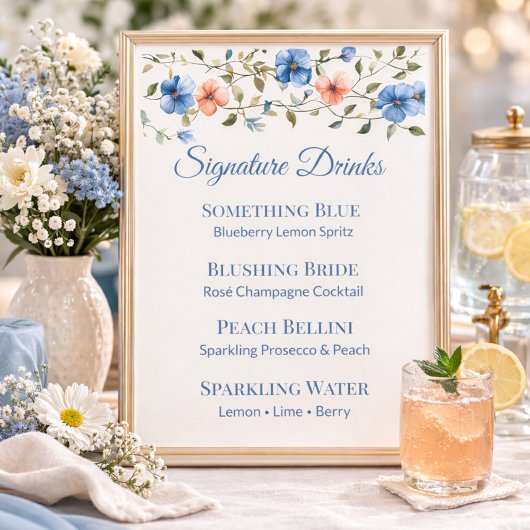 Bridal Shower Dusty Blue Floral Drink Menu