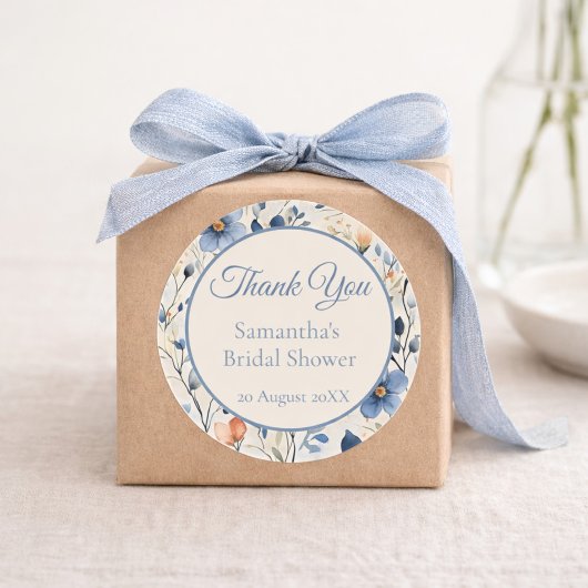 Bridal Shower Dusty Blue Floral Watercolor ラウンドシール