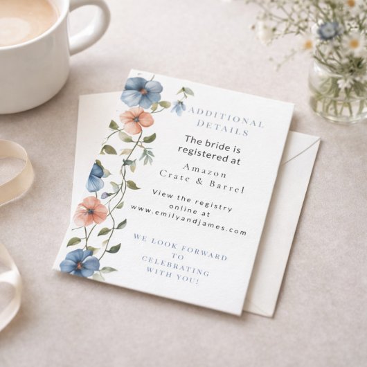 Bridal Shower Elegant Blue Floral Event Details エンクロージャーカード