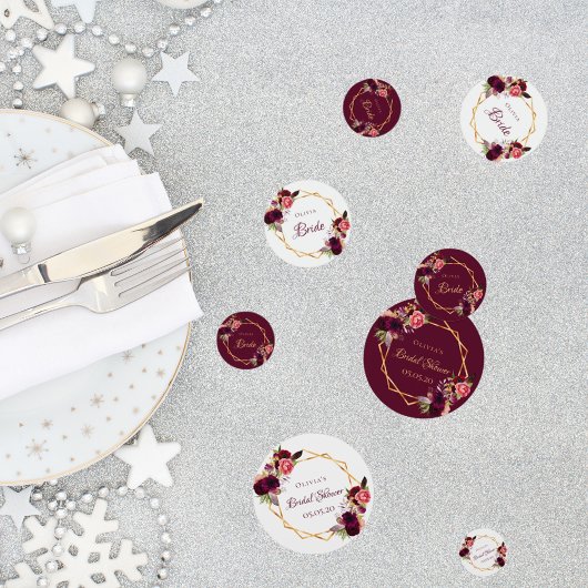 Bridal shower floral gold geometric burgundy name コンフェッティ