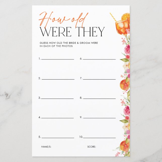 Bridal Shower Game How Old Were They First Spritz (正面)