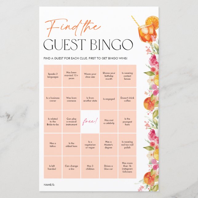 Bridal Shower Games Guest Bingo Citrus Spritz (正面)