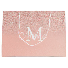 Bridal Shower  Glitter Baby Pink Monogram Gift Bag ラージペーパーバッグ