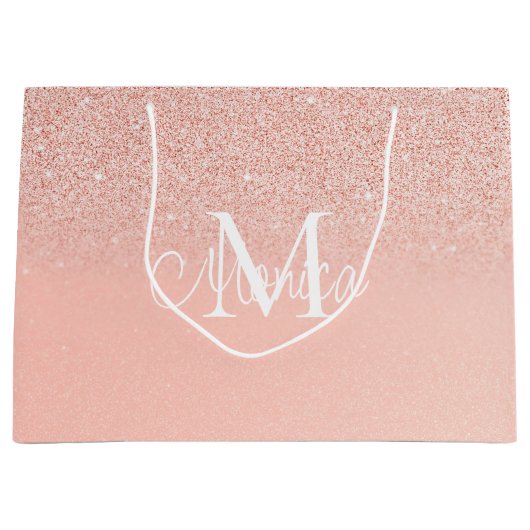 Bridal Shower  Glitter Baby Pink Monogram Gift Bag ラージペーパーバッグ (正面)