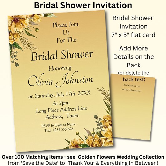 Bridal Shower Invitation - Golden Yellow Flowers カード