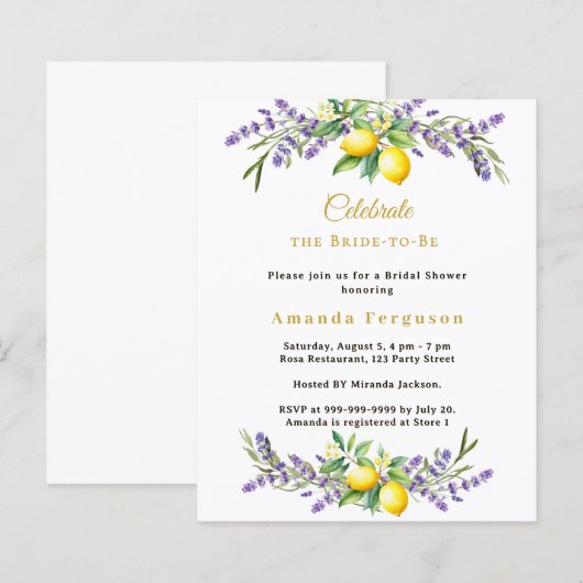 Bridal Shower lavender florals lemons invitation (正面/裏面)