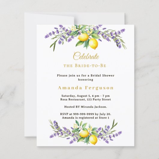 Bridal Shower lavender florals lemons invitation (正面)