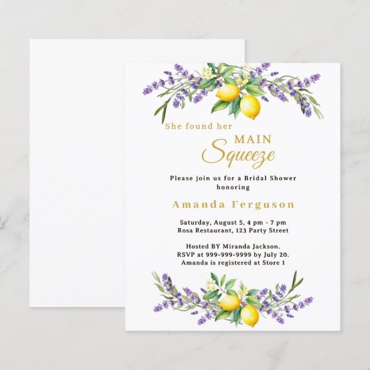 Bridal Shower lavender lemons squeeze invitation (正面/裏面)