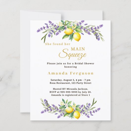 Bridal Shower lavender lemons squeeze invitation (正面)