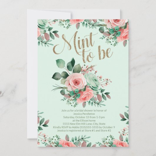 Bridal Shower Mint to Be Pink Roses Greenery 招待状 (正面)