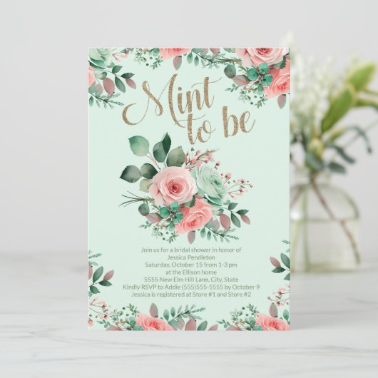 Bridal Shower Mint to Be Pink Roses Greenery 招待状 (スタンド正面)