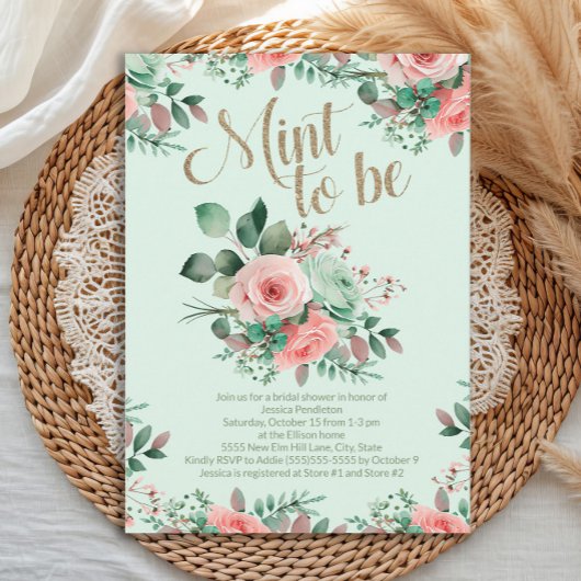 Bridal Shower Mint to Be Pink Roses Greenery 招待状