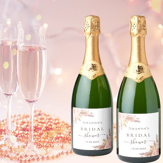 Bridal Shower pampas grass rose gold blush スパークリングワインラベル