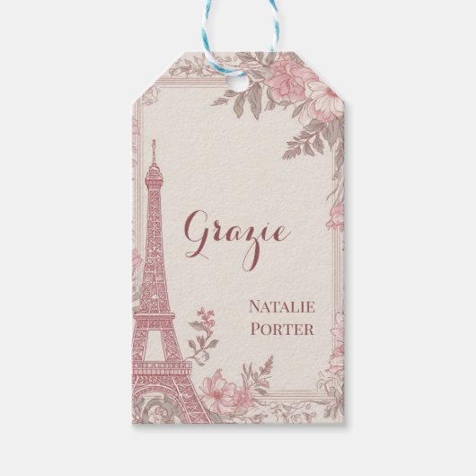 Bridal Shower Paris Eiffel Tower Pastel Pink Flora ギフトタグ (正面)
