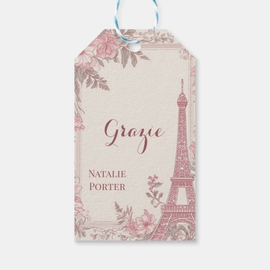 Bridal Shower Paris Eiffel Tower Pastel Pink Flora ギフトタグ (裏面)
