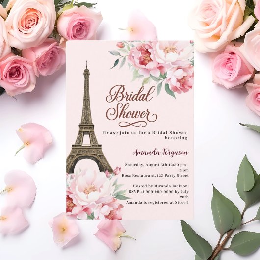 Bridal shower Paris Eiffel tower pink flowers 招待状