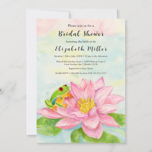 Bridal Shower Pink Waterlily & Tree Frog 招待状 (正面)