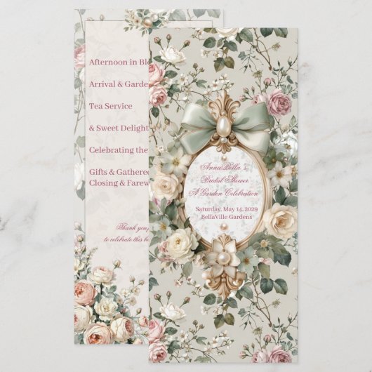 Bridal Shower Program Card | Romantic Blush Rose プログラム (正面/裏面)
