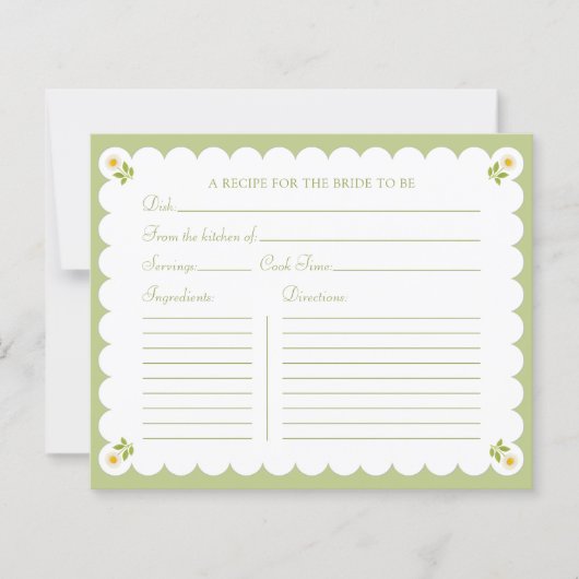 Bridal Shower Recipe Card Elegant Daisy Sage Green (正面)