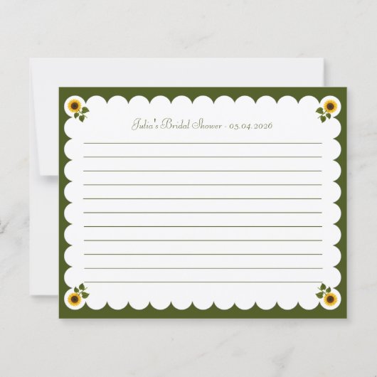 Bridal Shower Recipe Card Elegant Sunflower Green (裏面)