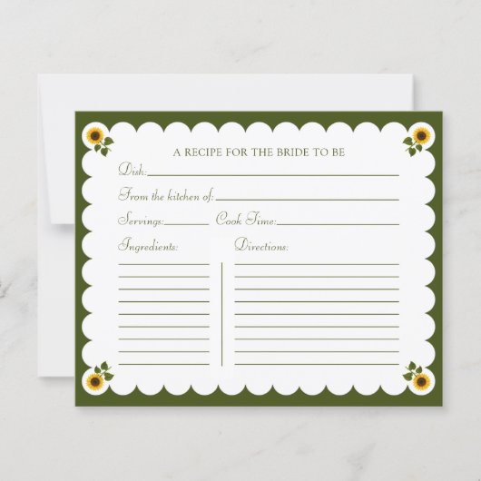 Bridal Shower Recipe Card Elegant Sunflower Green (正面)