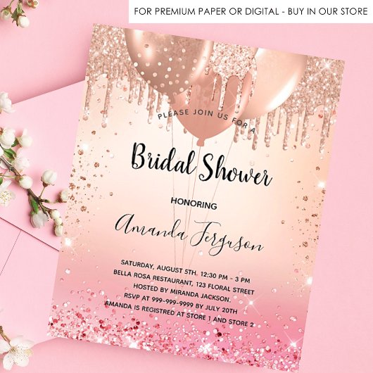 Bridal Shower rose gold blush pink glitter インビテーションポストカード