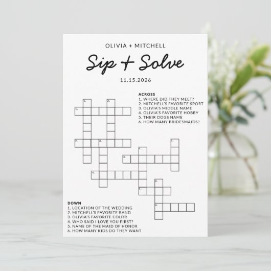 Bridal Shower Sip and Solve Fun Crossword Game アドバイスカード (スタンド正面)