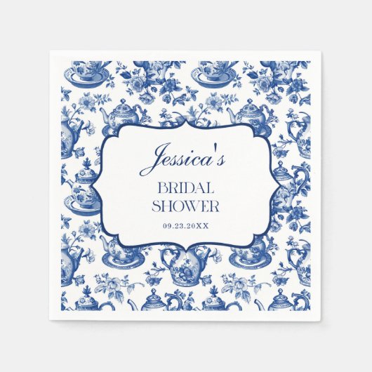 Bridal Shower Tea Party Blue White Chinoiserie スタンダードカクテルナプキン (正面)