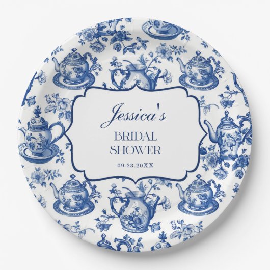 Bridal Shower Tea Party Blue White Chinoiserie ペーパープレート (正面)