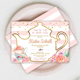 Bridal Shower Tea Party Pink And Gold Floral 招待状